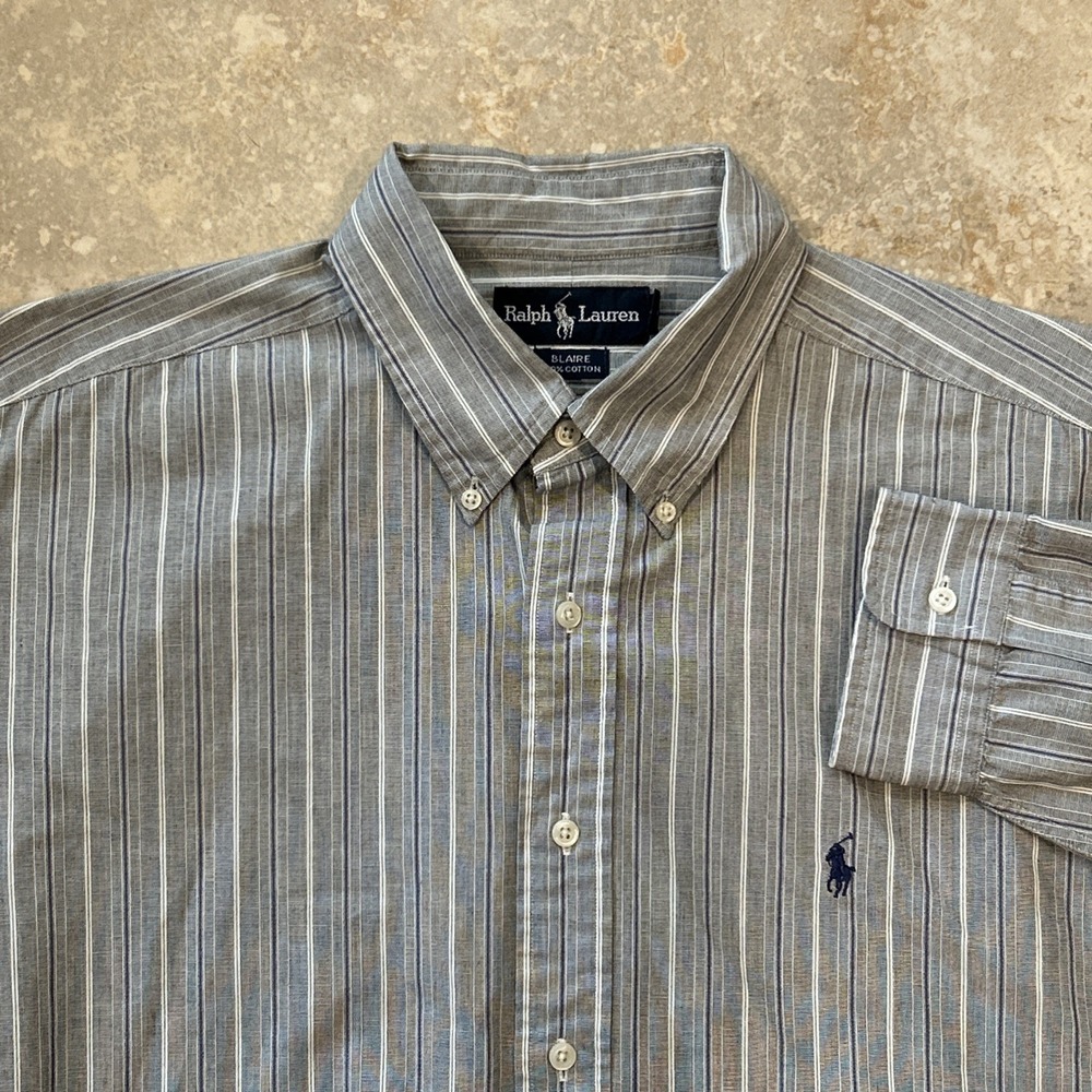 Ralph Lauren Blaire Men XL Grey Blue Stripe Cotton Long Sleeve Button Down Shirt